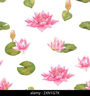 Motif sans couture Lotus fleurs et bourgeons avec feuilles vertes sur fond blanc pour tissus et motifs décoratifs Banque D'Images