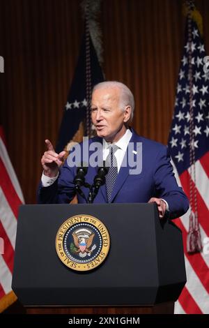 Austin, Texas, États-Unis. 29 juillet 2024. Le président américain JOE BIDEN prononce le discours d'ouverture à la bibliothèque Lyndon Baines Johnson à Austin le 29 juillet 2024, commémorant le 60e anniversaire de la signature par LBJ de la loi sur les droits civils en 1964. Biden a mis en garde contre les menaces pour la démocratie si Donald Trump venait à remporter un second mandat. (Crédit image : © Bob Daemmrich/ZUMA Press Wire) USAGE ÉDITORIAL SEULEMENT! Non destiné à UN USAGE commercial ! Banque D'Images