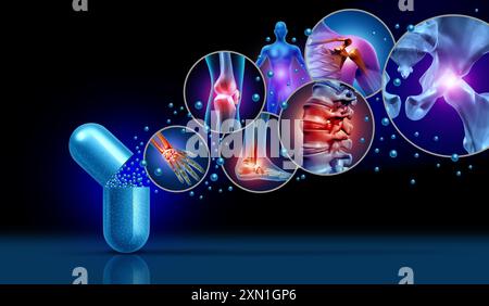 Médicament contre la douleur articulaire et blessure douloureuse ou symbole de médecine de l'arthrite pour les soins de santé et pilules pharmaceutiques pour le traitement des symptômes médicaux de la douleur Banque D'Images