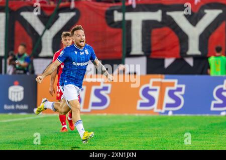 Dino Hotic de Lech célèbre un but lors du match de Ligue PKO Ekstraklasa entre Widzew Lodz et Lech Poznan au stade municipal de Widzew Lodz. Score final : Widzew Lodz 2:1 Lech Poznan. Banque D'Images