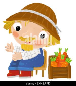 scène de dessin animé avec l'homme fermier debout faisant une certaine activité illustation de fond isolé pour les enfants Banque D'Images