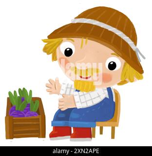 scène de dessin animé avec l'homme fermier debout faisant une certaine activité illustation de fond isolé pour les enfants Banque D'Images