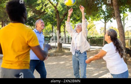 Club social de joyeux personnes âgées diverses appréciant le volley-ball le jour ensoleillé d'octobre plein air Banque D'Images