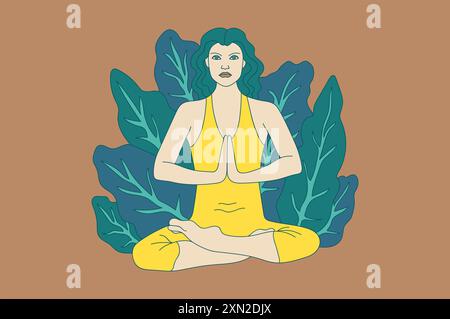 Illustration multicolore d'une fille faisant du yoga et de l'exercice tout en étant assise dans la position du lotus. Concept de vecteur de conception plat pour la décoration et l'impression. Banque D'Images