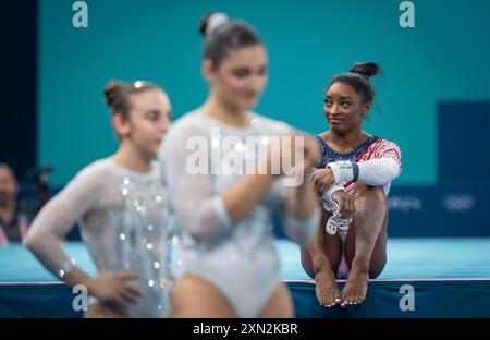 Paris, France. 30 juillet 2024. Simone Biles (USA) Paris 2024 Jeux Olympiques gymnastique artistique finale par équipe féminine Olympische Spiele 30.07.2024 crédit : Moritz Muller/Alamy Live News Banque D'Images