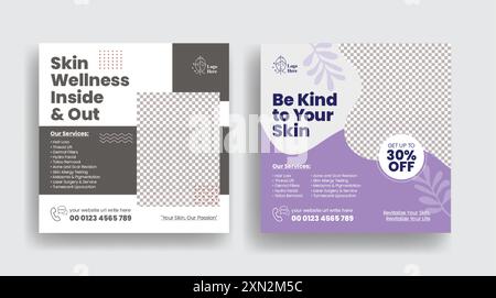 Poste de médias sociaux de clinique de service de dermatologie, bannière, annonces, soins de la peau, conception de modèle de publicité promotionnelle de consultation de traitement de beauté Illustration de Vecteur