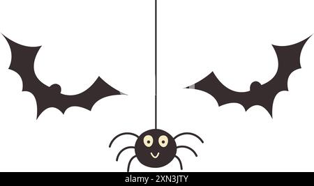 Silhouette noire d'araignée et de chauves-souris. Personnage mignon d'Halloween isolé sur fond transparent pour la conception ou le pack d'autocollants Illustration de Vecteur