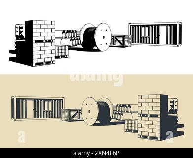 Chantier de construction avec des matériaux de construction et une maison pour les constructeurs Illustration de Vecteur