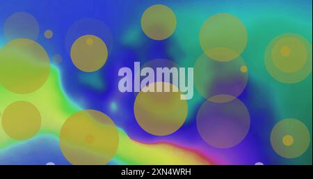 Image de taches de lumière jaunes sur des formes colorées sur fond bleu Banque D'Images