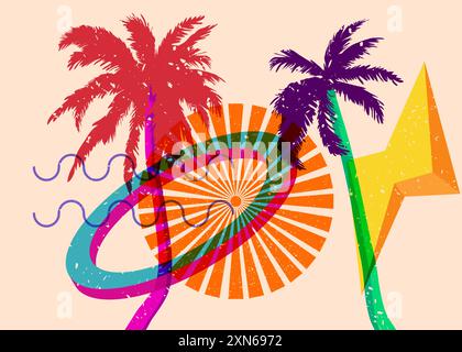 Risograph Palm Trees avec des formes géométriques. Les objets dans le graphique riso à la mode impriment la conception de style de texture avec des éléments géométriques. Illustration de Vecteur