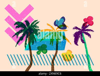 Risograph Palm Trees avec des formes géométriques. Les objets dans le graphique riso à la mode impriment la conception de style de texture avec des éléments géométriques. Illustration de Vecteur