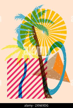 Risograph Palm Trees avec des formes géométriques. Les objets dans le graphique riso à la mode impriment la conception de style de texture avec des éléments géométriques. Illustration de Vecteur