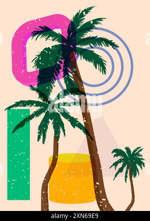 Risograph Palm Trees avec des formes géométriques. Les objets dans le graphique riso à la mode impriment la conception de style de texture avec des éléments géométriques. Illustration de Vecteur