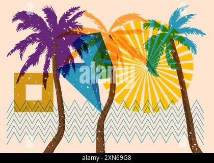 Risograph Palm Trees avec des formes géométriques. Les objets dans le graphique riso à la mode impriment la conception de style de texture avec des éléments géométriques. Illustration de Vecteur