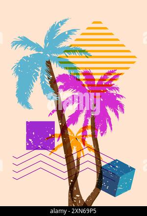 Risograph Palm Trees avec des formes géométriques. Les objets dans le graphique riso à la mode impriment la conception de style de texture avec des éléments géométriques. Illustration de Vecteur