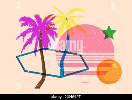 Risograph Palm Trees avec des formes géométriques. Les objets dans le graphique riso à la mode impriment la conception de style de texture avec des éléments géométriques. Illustration de Vecteur