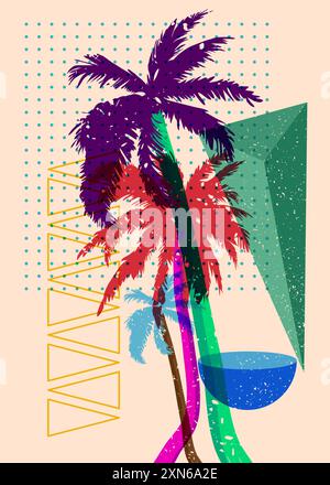 Risograph Palm Trees avec des formes géométriques. Les objets dans le graphique riso à la mode impriment la conception de style de texture avec des éléments géométriques. Illustration de Vecteur