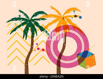 Risograph Palm Trees avec des formes géométriques. Les objets dans le graphique riso à la mode impriment la conception de style de texture avec des éléments géométriques. Illustration de Vecteur