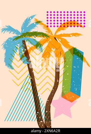 Risograph Palm Trees avec des formes géométriques. Les objets dans le graphique riso à la mode impriment la conception de style de texture avec des éléments géométriques. Illustration de Vecteur