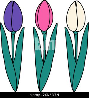 Fleurs de tulipe abstraites en fleurs dans des tons vifs à la mode. Eléments de conception pour les messages d'accueil. Jeu de 3. Isoler. EPS. Vecteur pour cartes, affiches, bannière, brochures, pointeur, étiquette de prix, étiquette, promo ou web Illustration de Vecteur