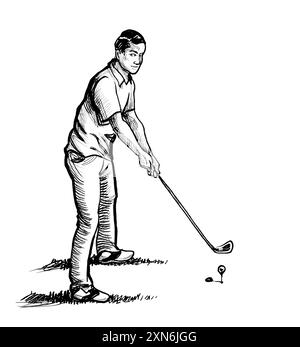 Homme jouant au golf. Dessiné à la main rétro style encre noir et illustration Banque D'Images