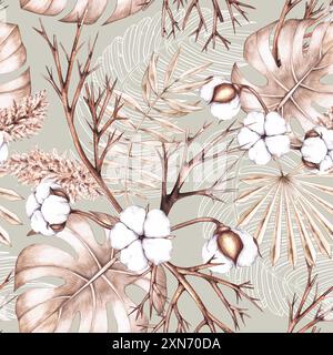 Motif aquarelle tropical avec des plantes sèches. Motif floral tropical avec coton et monstera. Motif botanique de floraison pour la conception d'emballage, tissu Banque D'Images