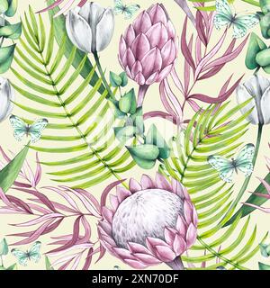 Motif aquarelle tropical avec tulipe, protéa et papillons. Motif floral tropical avec fond vert. Motif de floraison botanique pour packagin Banque D'Images