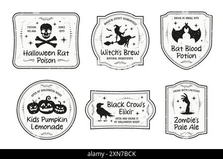 Étiquettes de bouteille de potion magique d'Halloween, ensemble vectoriel isolé de badges grunge monochromes pour brasser dans un style rétro avec un crâne menaçant et des os croisés, wi Illustration de Vecteur