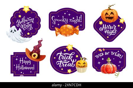 Étiquettes cadeaux d'Halloween pour le truc de vacances ou la partie de traitement avec des citrouilles effrayantes et des fantômes effrayants, vecteur de bande dessinée. Bonne nuit d'horreur d'Halloween et vacances g Illustration de Vecteur