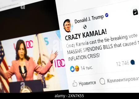 Poltava. Ukraine. 30 juillet 2024 Ukraine. Photo de profil Facebook de Donald Trump et son post sur Kamala Harris. Page Facebook Donald Trump sur ordinateur portable SC Banque D'Images