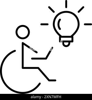 Personne en fauteuil roulant travaillant ou étudiant à l'ordinateur portable et ampoule. Opportunités de carrière et d'éducation. Innovation dans l'éducation en ligne. Pixel Perfect Illustration de Vecteur