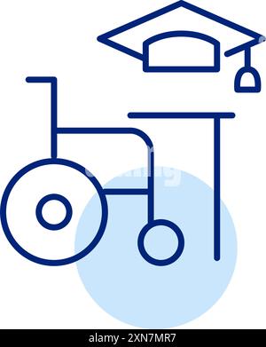 Fauteuil roulant, bureau et chapeau de graduation. Possibilités d'éducation en ligne pour les personnes handicapées. Inclusivité académique. Icône de contour pixel Perfect, modifiable Illustration de Vecteur