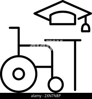 Fauteuil roulant, bureau et chapeau de graduation. Possibilités d'éducation en ligne pour les personnes handicapées. Inclusivité académique. Icône vectorielle Pixel Perfect Illustration de Vecteur