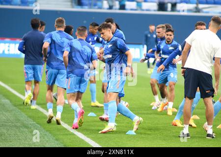 Saint-Pétersbourg, Russie. 30 juillet 2024. Andrey Mostovoy (17 ans) de Zenit vu en action lors de la Coupe Fonbet de Russie match de football entre Zenit Saint-Pétersbourg et Fakel à Gazprom Arena. Score final ; Zenit 3:0 Fakel Voronezh. Crédit : SOPA images Limited/Alamy Live News Banque D'Images