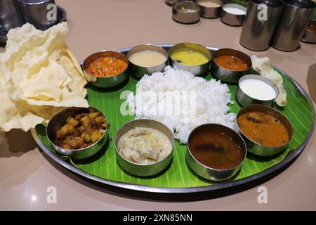 Un thali ou repas sud-indien se compose de riz cuit à la vapeur, sambar, rasam, currys de légumes, Avial, chutney à la noix de coco, cornichons, papadum, caillé ou yaourt Banque D'Images