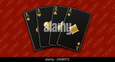 Fond de table de Casino rouge. Vector illustration Casino de tous les as. Une main fendue de cartes à jouer comprenant As de pique, Carreau, Trèfle, Hea Illustration de Vecteur
