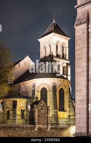 L'église Saint-Pierre de Montmartre est illuminée sous le ciel nocturne, mettant en valeur sa beauté architecturale à Paris, France. Banque D'Images