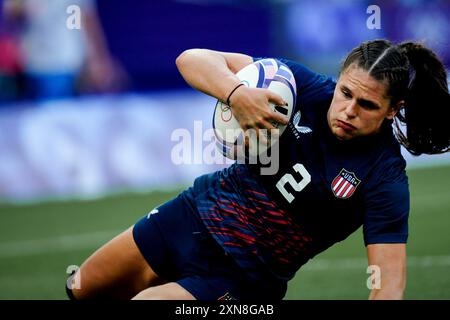 Saint Denis, France. 30 juillet 2024. Ilona Maher des États-Unis lors des sept matchs de rugby féminin, jour 3 - Jeux Olympiques de Paris 2024 au stade de France le 30 juillet 2024 à Saint Denis, France. Photo de Julien Poupart/ABACAPRESS. COM Credit : Abaca Press/Alamy Live News Banque D'Images