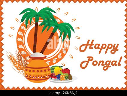 Affiche d'illustration vectorielle de l'image du festival pongal par la signification de l'arbre de coco et de l'assiette de fruits avec du riz bouilli jaggery dans le pot. Illustration de Vecteur