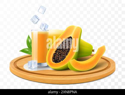 Un verre de jus de papaye frais naturel ou smoothie avec des glaçons. Tasse de cocktail ou yogourt avec papaye mûre sur plateau en bois, isolé sur b transparent Illustration de Vecteur