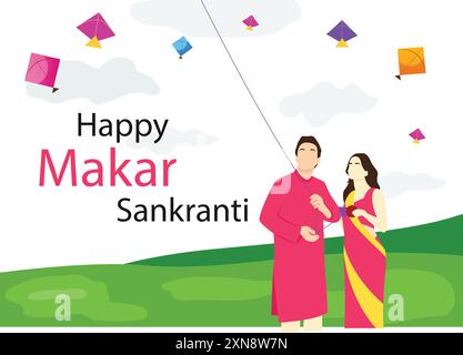 Affiche d'illustration vectorielle de Happy makar sankranti, mari et femme volant cerf-volant. Illustration de Vecteur