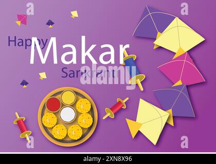 Illustration vectorielle de l'affiche joyeuse makar sankranti sur fond de couleur pourpre avec des cerfs-volants. Illustration de Vecteur