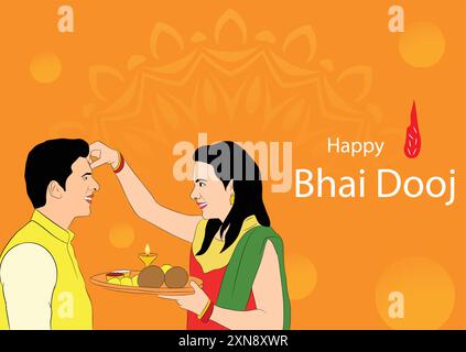 Affiche d'illustration vectorielle du festival indien joyeux bhai dooj, sœur appliquant tilak sur la tête de frère avec fond de couleur orange. Illustration de Vecteur