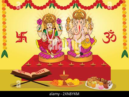 Illustration vectorielle affiche de deepavali, déesse indienne ''lakshmi'' et seigneur ''ganesha'' assis sur le lotus et donnant des bénédictions, décoré diyas et sh Illustration de Vecteur