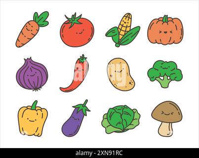 Ensemble Doodle de légumes mignons Illustration de Vecteur