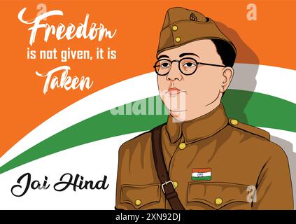 Affiche d'illustration vectorielle de netaji subhash chandra bose sur fond de drapeau tricolore indien. Illustration de Vecteur