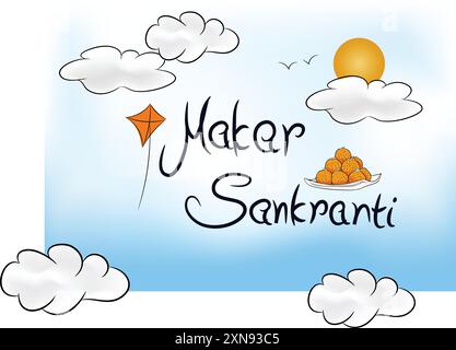 Illustration vectorielle de makar sankranti poster sur fond de ciel bleu avec des cerfs-volants. Illustration de Vecteur