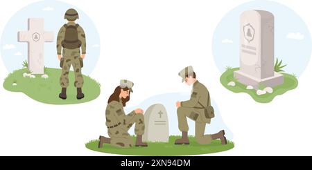 Mise en place du jour du souvenir. Cimetière militaire des vétérans. Soldat guerrier, femme et homme en uniforme sur un genou devant la tombe de pierre tombale. Illustration vectorielle. Illustration de Vecteur