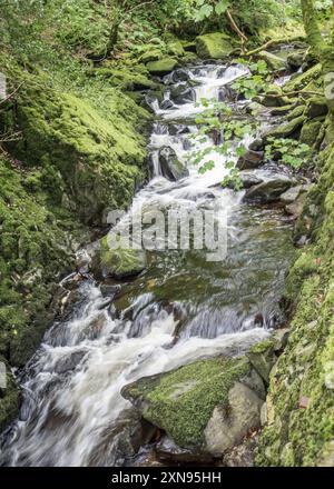 Eau brisée dans la région le long du chemin qui mène à la cascade de Ceunant Mawr à Llanberis, Gwynedd, pays de Galles du Nord Banque D'Images