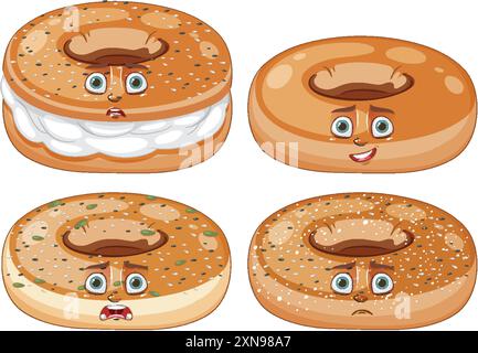 Quatre bagels avec diverses expressions faciales Illustration de Vecteur